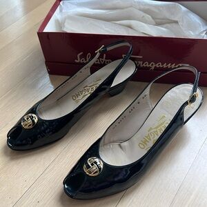 Salvatore Ferragamo low-heel black patent embellished slingback peep-toe pumps 8